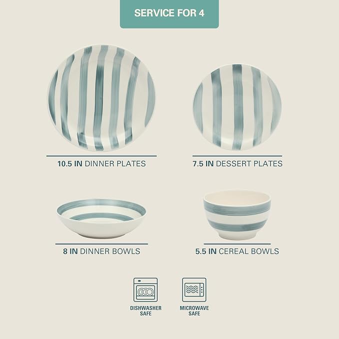 Gibson Home Kenwood Shores 16 Piece Dinnerware Set, Blue Striped, Hand-Painted Stoneware Dishes, Plates and Bowls, Service for 4, Microwave & Dishwasher Safe - Image 2