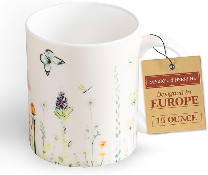Maison d' Hermine Coffee Mug with Handles Tea Cups (15 Ounce, Pack of 1) | Fine Bone China Coffee Mugs for Hot Beverages Cappuccino Latte Home Restaurant Hotel Spring Summer -Botanical Fresh - Meadow by MaisondHermine