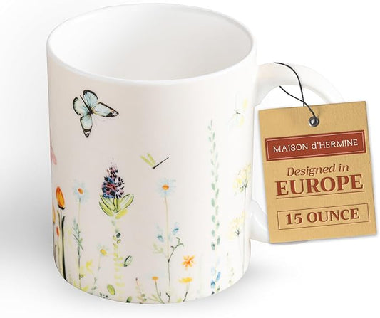 Maison d' Hermine Coffee Mug with Handles Tea Cups (15 Ounce, Pack of 1) | Fine Bone China Coffee Mugs for Hot Beverages Cappuccino Latte Home Restaurant Hotel Spring Summer -Botanical Fresh - Meadow by MaisondHermine