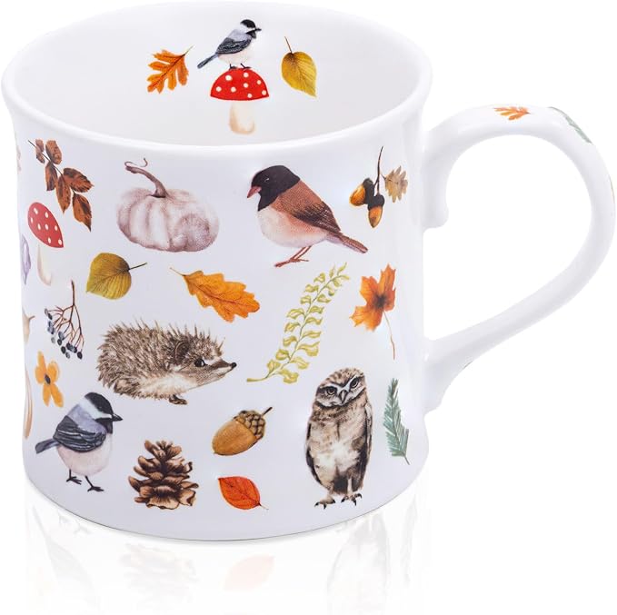 Autumn Animals Coffee Mug, 12 oz New Bone China Mug with Bird, Hedgehog, Owl & Pumpkin Design, Halloween & Fall Seasonal Ceramic Tea Mug, Nature Lover Gift, Designed in England by Harvest Green Studio by MFoffice