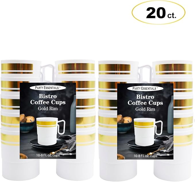 Party Essentials 8-Ounce Hard Plastic Coffee Cup/Tea Mug with Handle, 20-Count, White W/Gold Rim - Image 2