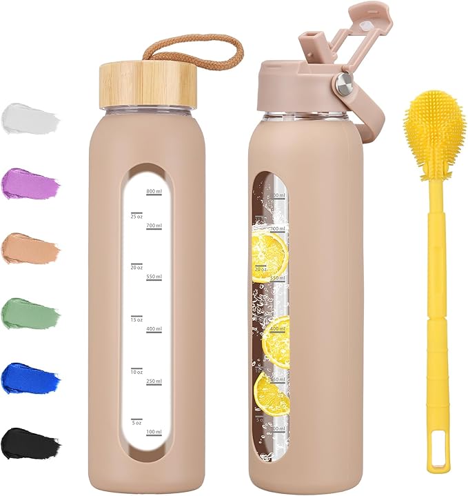 32 oz Glass Water Bottle with 2 Lids-Handle Straw Lid & Bamboo Lid,1 Liter Motivataional Tumbler Water Bottle Time Marker, Borosilicate Glass Water Bottles With Silicone Sleeve, Leakproof