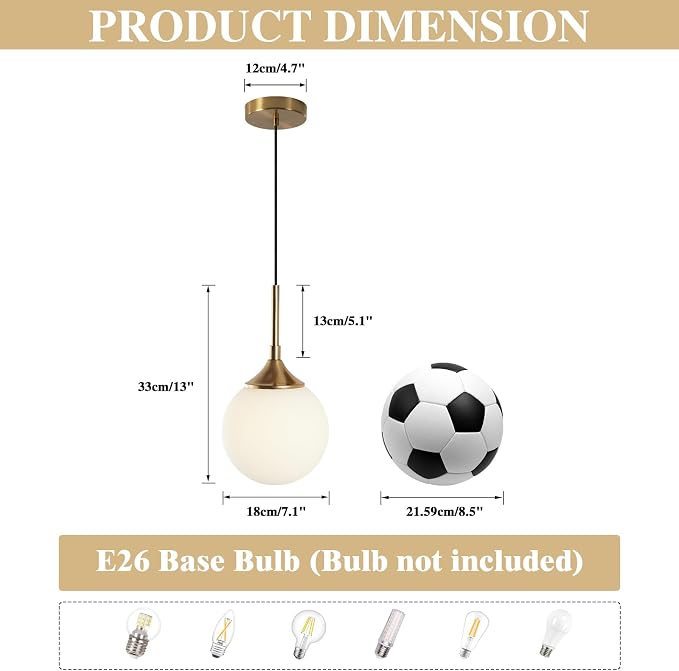 KCO Lighting Modern Brushed Gold 7.1” White Milk Glass Globe Pendant Light | E26 Base, Sloped Ceiling, Small 1-Light Adjustable Hanging Ceiling Lamp for Kitchen Island Sink Dining Table Bedroom Bar - Image 2