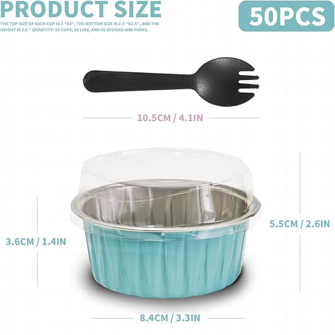 50Pcs Mini Aluminum Foil Cupcake,5oz Light Blue Baking Cups with Lids | Mini Cake Pans,Oven Air Fryers Safe,Loaf Pan with Lids,Disposable Ramekins,Tin Cups Containers for Cupcake,Pudding,Cheesecake - Image 2