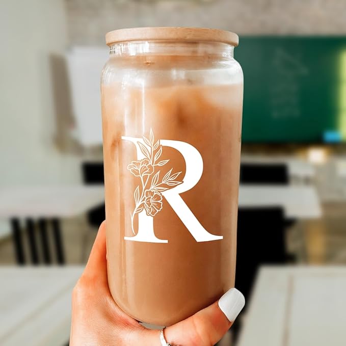 SANDJEST Monogrammed Gifts for Women - Monogram R Initial Glass Cup 16 Oz Can Coffee Cups with Lid and Straw - Monogram Initials Gifts for Womens on Birthday