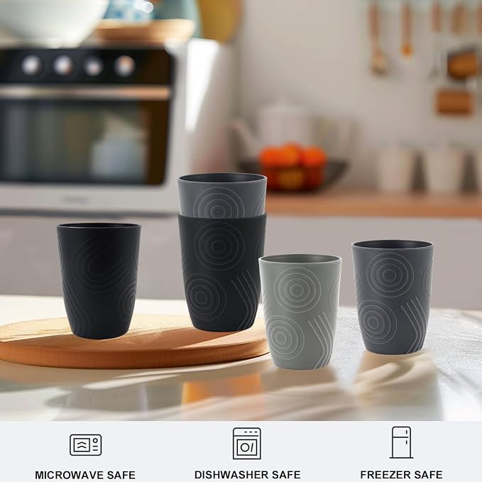 BUSOKIP12 oz Small Kids Cup, Wheat Straw Cups Sets of 6, Plastic Cups Reusable, Unbreakable Water Tumblers, Dishwasher Safe Kitchen Cup, Plastic Glasses Drinking for Camping, Party (Black, Grey) - Image 5