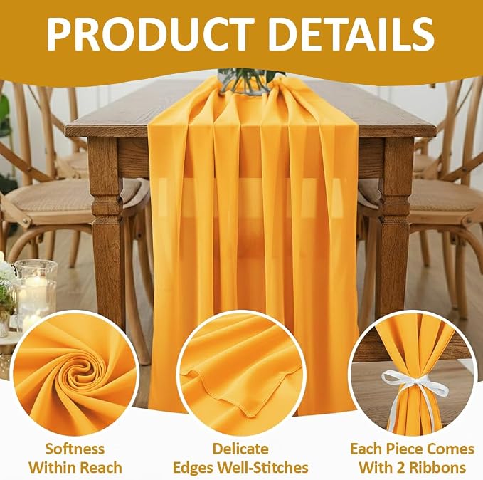 Pack of 25 | Yellow Gold | 14ft Chiffon Table Runner 29x170 Inches Long Romantic Rustic Sheer Gauze Runner for Wedding Bridal Shower Birthday Banquets Engagement Spring Easter Boho Decorations - Image 5