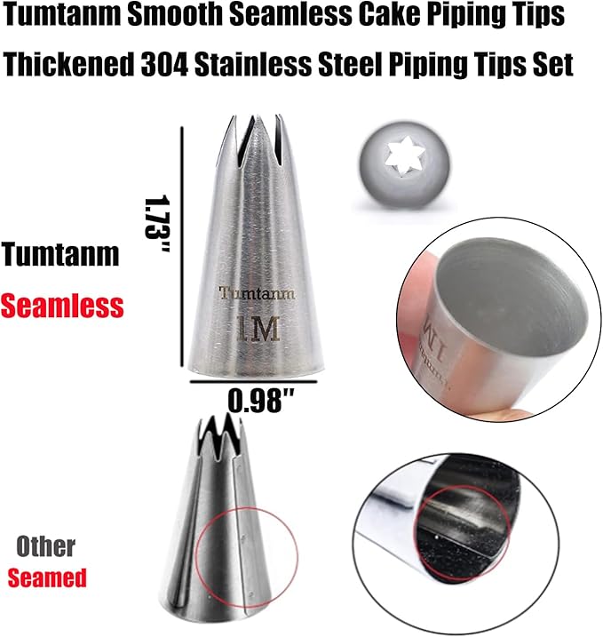 #1M #2D #4B #6B Large Piping Nozzles, 4 pcs Stainless Steel Seamless Icing Piping Tips Set for Cupcakes and Baking