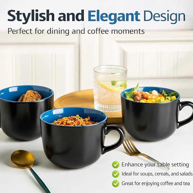 GBhome Jumbo Soup Mugs with Handles, 24 Oz Large Coffee Mugs Set of 4 | Ceramic Soup bowls for Soup Cereal Snacks Salad Noodles Cups, Microwave safe - Matte Black, Blue Inside - Image 7