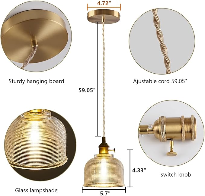 Sedelan Antique Glass Pendant Light, Vintage Pendant Light, Kitchen Island Pendant Lights,Retro Glass Hanging Lamp for Study Room Living Room Bedroom,Copper E26, Switch Knob (Bulb Not Included) - Image 5