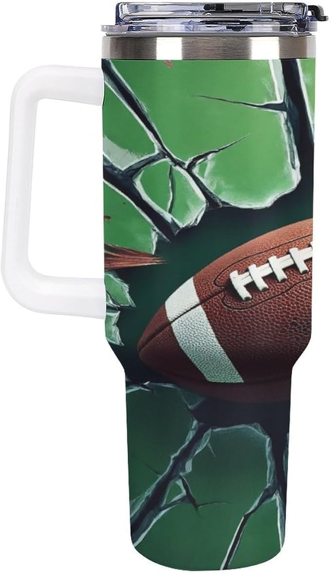 Football Impact on Cracked Glass Tumbler with Handle Insulated Water Travel Coffee Mug Bottle with Lid And Straw Stainless Steel Leak Proof Vacuum Insulated Cup 40 OZ
