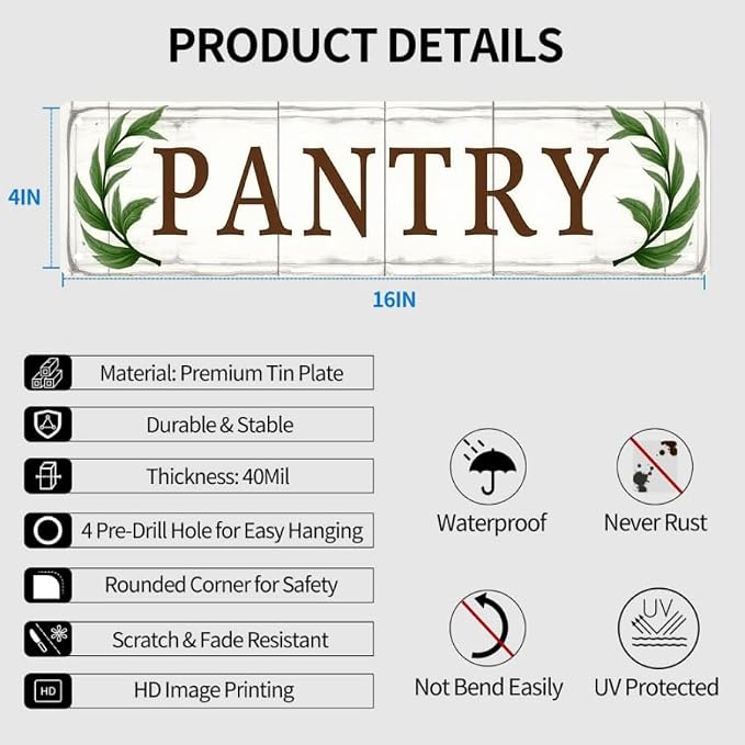 Vintage Pantry Tin Decor 16 * 4 Inches "PANTRY" Kitchen/Storage Wall Art - Retro Home Accent, Food Storage Decor, Farmhouse Metal Sign - Image 3