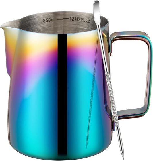 Amrules Milk Frothing Pitcher, 12 oz Milk Frother Cup with Clear Scale, 304 Stainless Steel Cappuccino Espresso Machine Accessories for Barista Coffee Bar with Latte Art Pen, Multicolor by Amrules