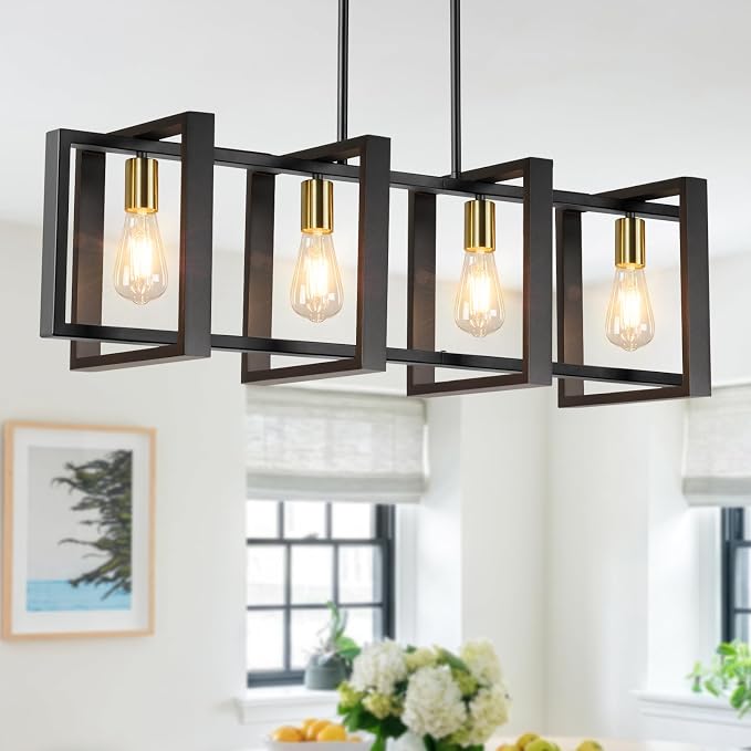 4-Light Dining Room Light Fixture, 53’’ Farmhouse Wood Chandelier Kitchen Island Lighting Over Table, Modern Black Gold Rectangular Hanging Pendant Light Fixture for Living Room, E26 Sockets by Brightever