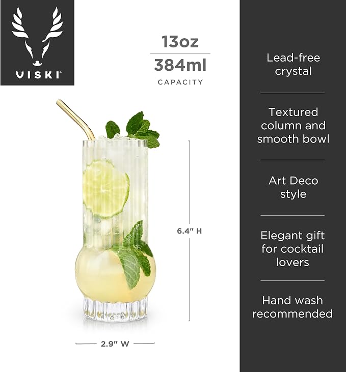 Viski Deco Crystal Island Highball Glasses Set of 2 - Premium Crystal Mojito and Gin and Tonic Glasses, Highball Cocktail Glassware Gift Set, 13 oz - Image 3