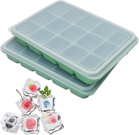 2 Pcs Easy Release Ice Cube Trays, Bamboo Green Flexible Silicone Ice Cube Molds Removable Lid Stackable for Whiskey, Beverages, Baby Food (15 cubes 0.7oz)
