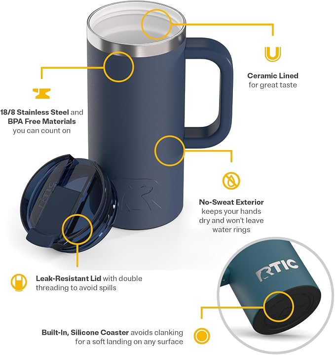 RTIC 16oz Road Trip Travel Mug with Lid and Handle, Ceramic Lined, Navy | Stainless Steel Metal, Insulated Travel Cup for Hot and Cold Drinks, Coffee, Car, Camping and Travel - Image 3