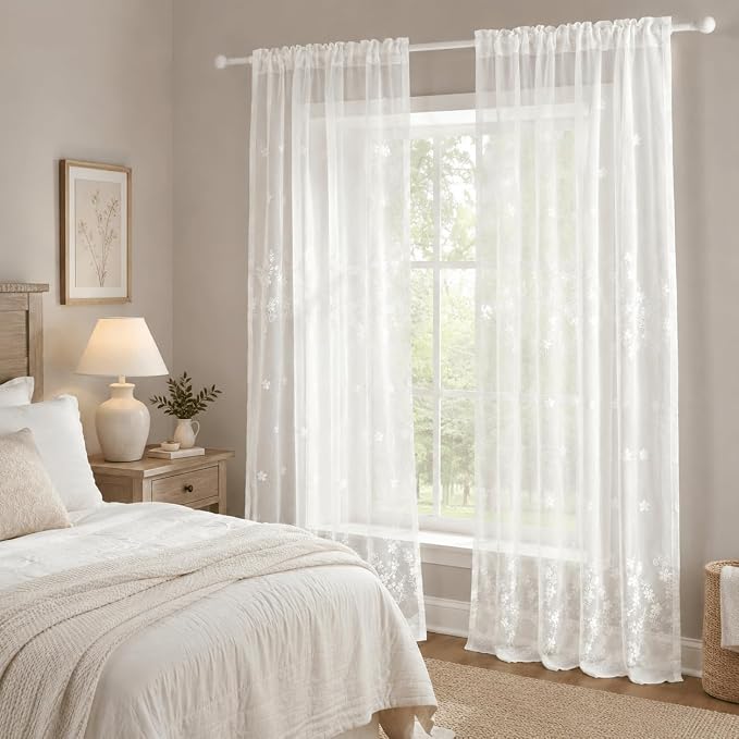 White Sheer Curtains Embroidered Design Rod Pocket Window Drapes for Living Room Dining Room Bedroom, 2 Panels (Gypsophila, 60x104) - Image 3