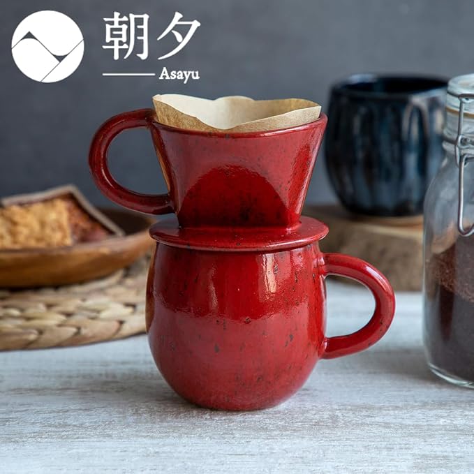 Asayu Japan Ceramic Coffee Pour Over Maker Set in Chrome Red, Slow Brewing Paper Filter Holder and Dripper with 3 Holes for Coffee and Tea (Complete 2PCS Set)