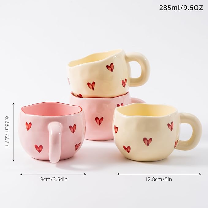 4pcs Ceramic Heart Mugs, 9.4OZ Cute Love Coffee Cup Set, Pink & Yellow, Dishwasher Safe Espresso/Latte Mugs Set, Gift for Women/Mom/Girl Friend(Love) - Image 5
