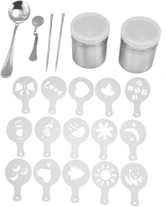 Coffee Decorating Stencils, Coffee Carving Pen Set, Portable Stainless Steel Latte Art Pen, Coffee Shaping Tool with Powder Shaker Spoons