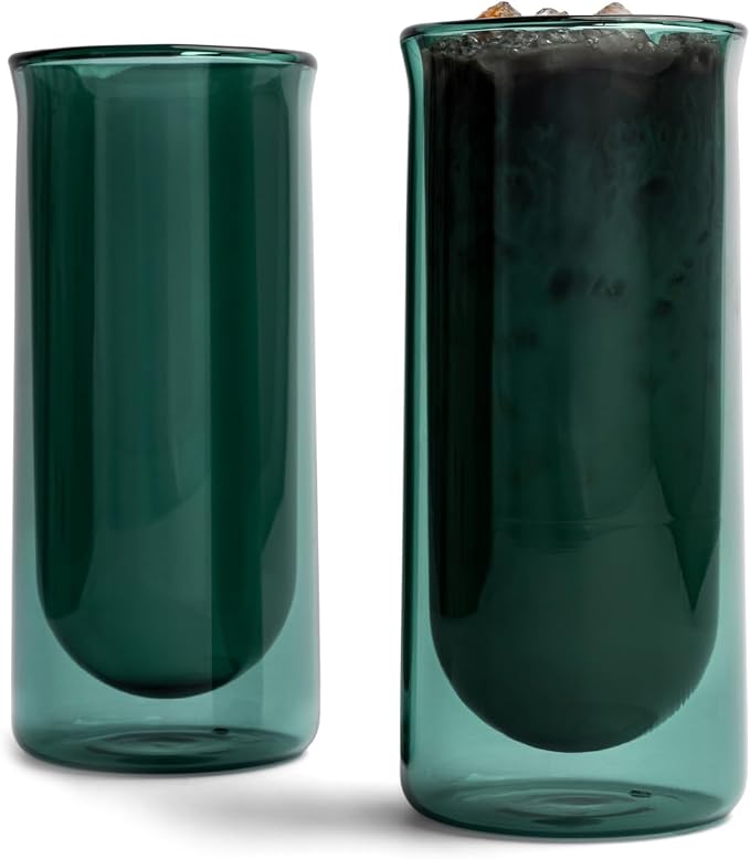 FLUR Iced Coffee Glasses (Set of 2) Perfect for Iced Coffee, Cold Brew & Lattes – Double-Walled Borosilicate Glass – For Hot & Cold Drinks – Lightweight & Easy to Clean – 15.5oz (Teal) by FLUR