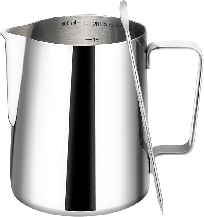 Amrules Milk Frothing Pitcher, 20oz Milk Frother Cup with Clear Scale, 304 Stainless Steel Cappuccino Espresso Machine Accessories for Barista Coffee Bar with Latte Art Pen, Silver by Amrules