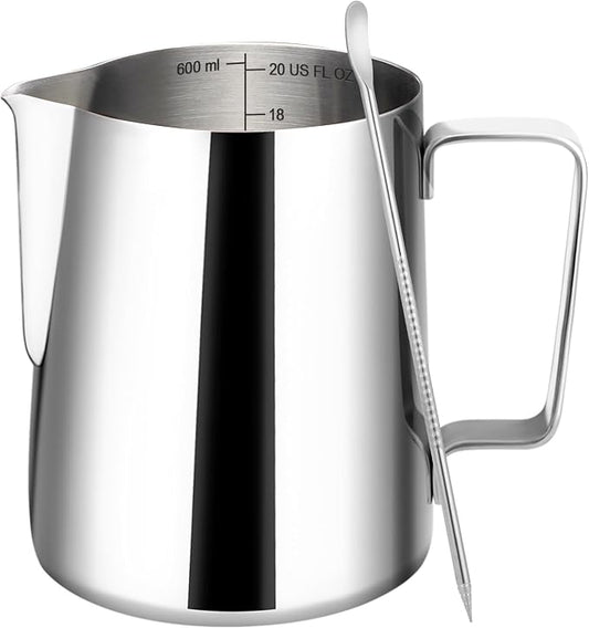 Amrules Milk Frothing Pitcher, 20oz Milk Frother Cup with Clear Scale, 304 Stainless Steel Cappuccino Espresso Machine Accessories for Barista Coffee Bar with Latte Art Pen, Silver by Amrules