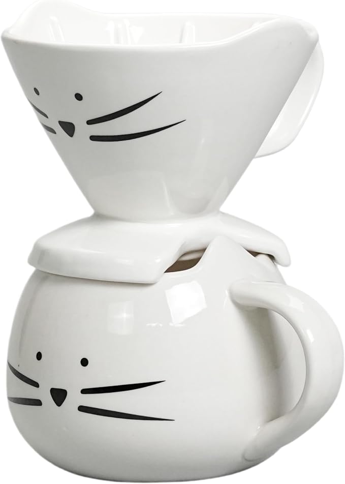 Koolkatkoo Cat Coffee Mug with Kitty Figurine, White | Ceramic Mug with Pour Over Coffee Maker, Cat Themed Gifts for Women, Christmas Birthday Mothers Day Idea by Koolkatkoo