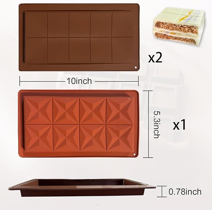 Deep Chocolate Bar Dubai Molds 3 Pack, 1 Inch Deep Large and Thick Silicone Chocolate Bar Silicone Thick Mold for Stuffed Bar, Big Candy Mold