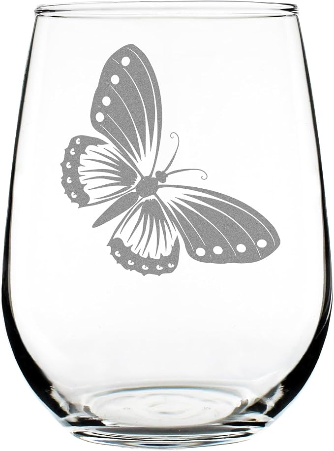 Butterfly Engraved Stemless Wine Glass | Elegant Hand Etched Glassware Nature Lover Unique Insect Art by Make+Your+Mark+Design