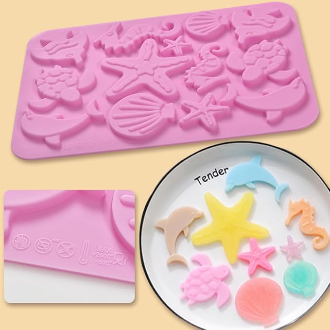 Newk Marine Themed Silicone Mold, Pack of 4, Seasell, Conch, Seahorse, Starfish, Tortoise Silicone Mold for Fondant, Hard Candy, Cake Decoration, Resin, Pendants