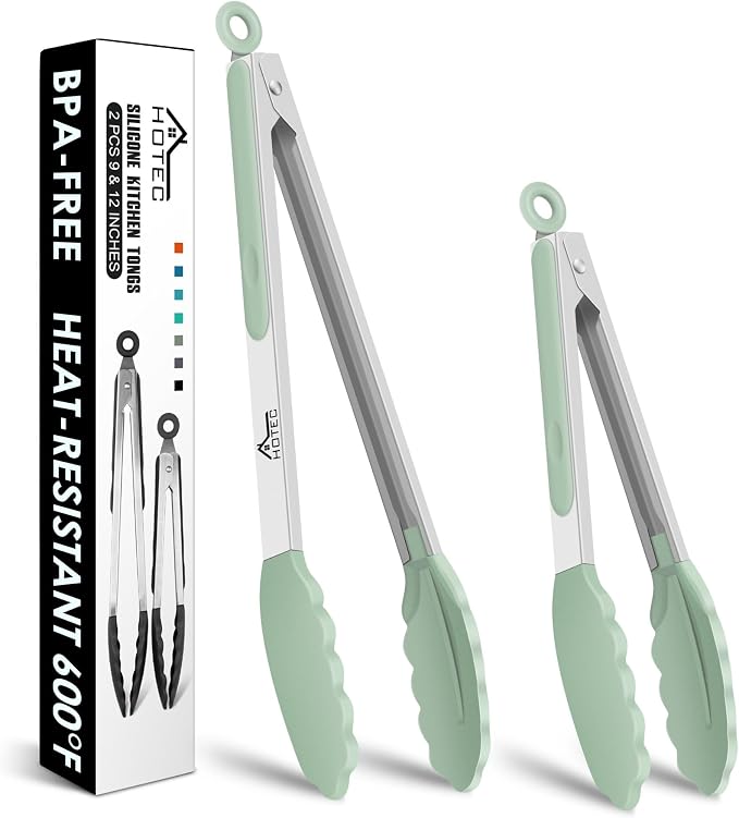 Hotec Premium Stainless Steel Locking Kitchen Tongs with Silicon Tips, Set of 2-9" and 12" Light Green by Hotec