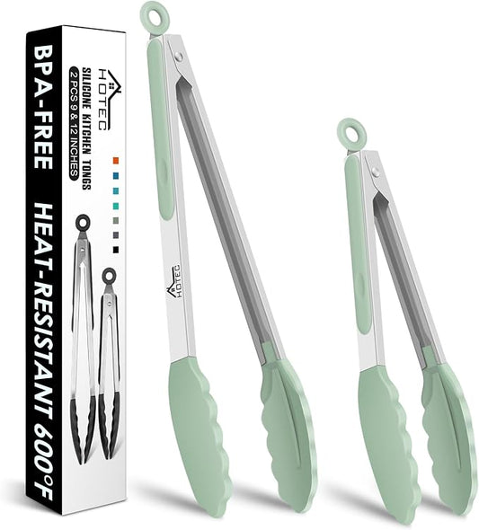 Hotec Premium Stainless Steel Locking Kitchen Tongs with Silicon Tips, Set of 2-9" and 12" Light Green by Hotec