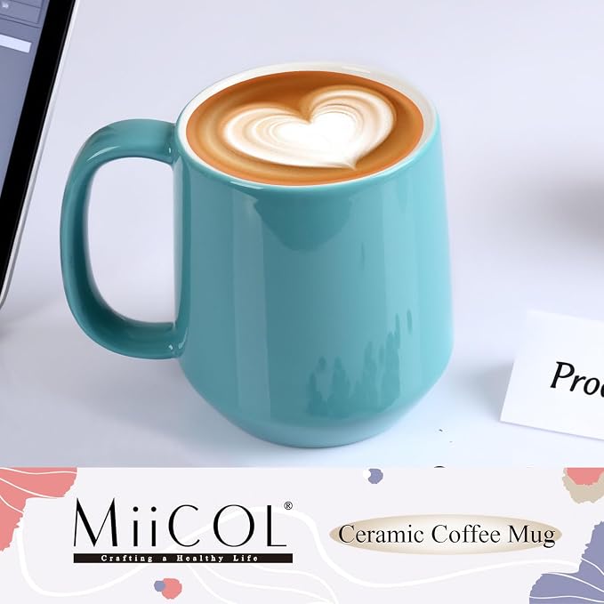 Miicol Ceramic Coffee Mug, 16 oz Large Coffee Cup, Tea Mug with Handle, Flat Bottom Mug for Men, Women, Office, Microwave and Dishwasher Safe, Multi-Color, Mint Blue - Image 2