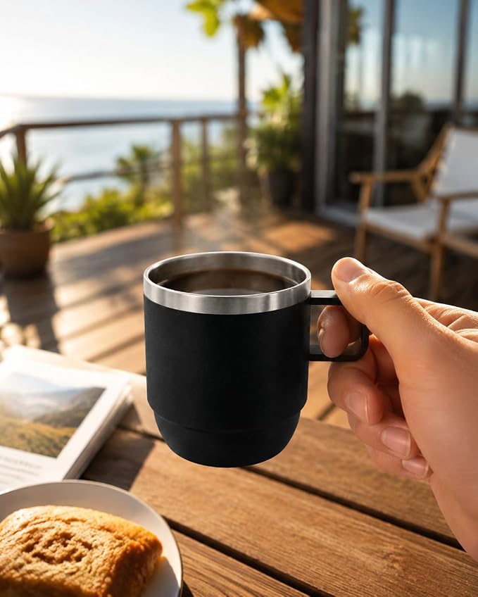 6 oz Stackable Mug, Stainless Steel cup with handle, Vacuum Insulated Espresso/Coffee Mug, shot Glass Set for 2-Piece Set for Coffee, Spirits, Wine, Tea- black - Image 8
