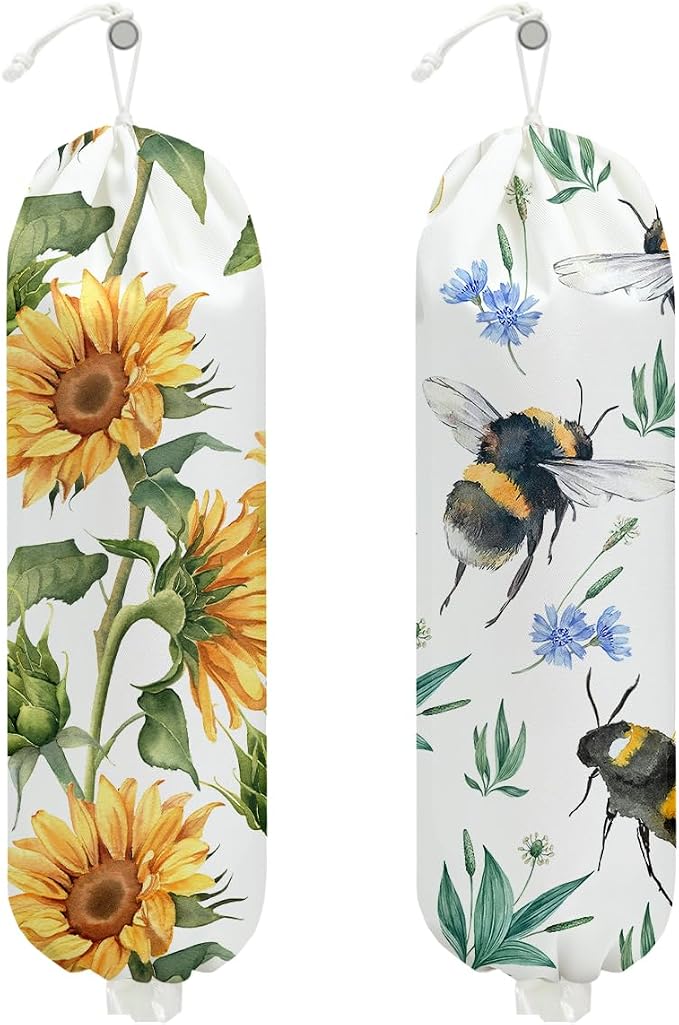 2Pcs Bee Plastic Bag Holder, Wall Mount Grocery Bag Holder for Plastic Bags, Sunflower Reusable Grocery Bags Storage Dispenser for Home Kitchen Pantry Decor, Sunflower Gifts for Women Mom by Unknown