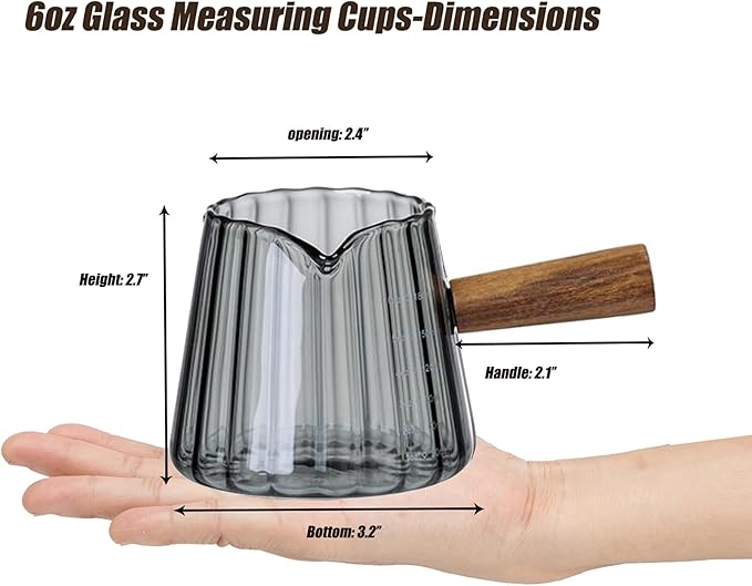 FANTESTICRYAN 6OZ Espresso Cup, Dark Gray Borosilicate Glass Measuring Cup, V-Shaped Spout Drain Espresso Double Shots with Wooden Handle, Coffee Milk Tea Accessories (Dark Gray)