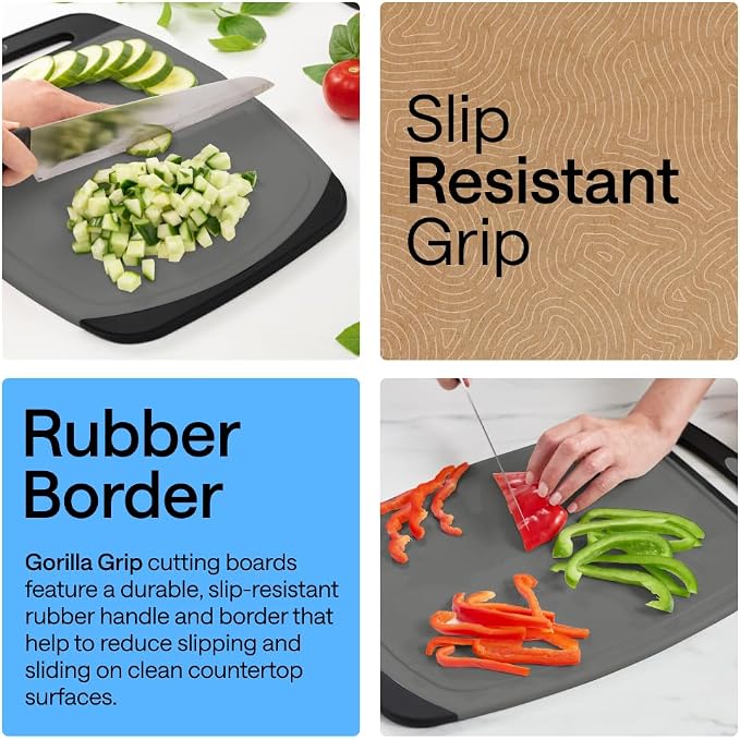GORILLA GRIP BPA-Free Reversible Kitchen Cutting Board Set of 3, US Designed, Nonporous, Juice Grooves Catch Liquid, Slip Resistant Border, Dishwasher Safe, Durable Food Chopping Boards, Gray Black - Image 3