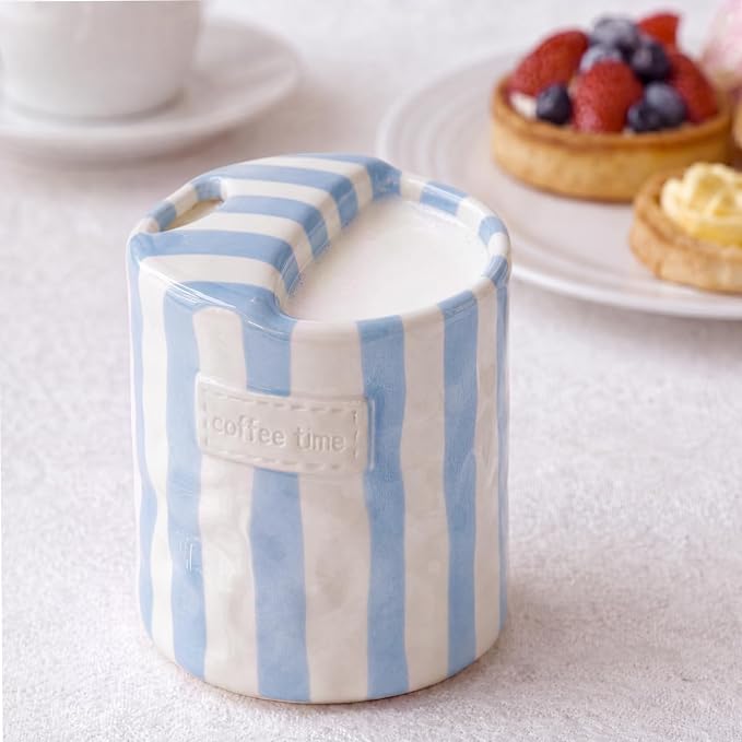 1 Pack Ceramic Coffee Mug with Sip Hole Espresso Cup 10oz with Straws Retro Hand Painted Striped Ceramic Iced Coffee Tea Travel Mug Latte Cup for Kitchen Dining (Simple,Blue) - Image 4