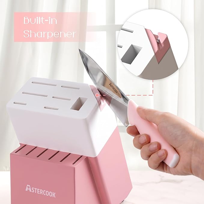 Astercook Knife Set, Kitchen Knives Set with Block and Sharpener 15 Pcs German Stainless Steel Knives Sharp Blade Dishwasher Safe Deba Knives with Ergonomic Handle, Crystal Pink - Image 6