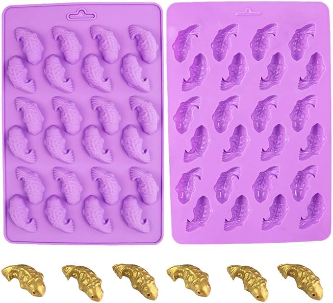 2Pcs 24-Cavity Koi Fish Carp Silicone Chocolate Molds, Goldfish Silicone Hard Candy Gummy Keto Fat Bombs Making Molds Ice Cube Trays Crayon Melt Mould by MoldFun