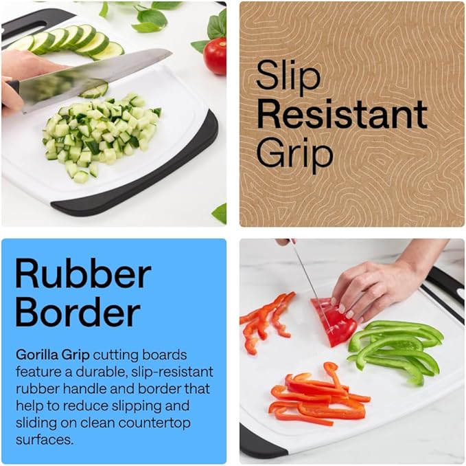 GORILLA GRIP BPA-Free Reversible Kitchen Cutting Board Set of 3, US Designed, Nonporous, Juice Grooves Catch Liquid, Slip Resistant Border, Dishwasher Safe, Durable Large Food Chopping Boards, Black - Image 3