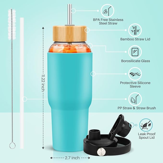 PROBTTL Glass Water Bottles, 1 Liter Glass Tumbler, Borosilicate Water Bottle with Straw, Silicone Sleeve, 2 Lids - Handle Spout & Bamboo Straw Lid, Fits Car Cup Holder (Aqua, 40 Ounces)