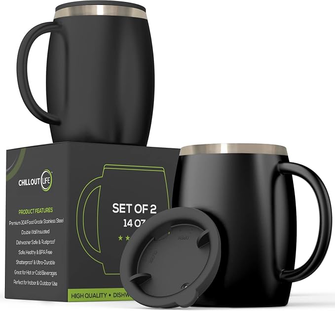 CHILLOUT LIFE Stainless Steel Insulated Coffee Mugs Set of 2 (14 oz) - Double Wall Coffee Cups With Spill Resistant Lid & Strong Handle, Shatterproof Cups for Cold Drinks, Hot Beverages by CHILLOUTLIFE