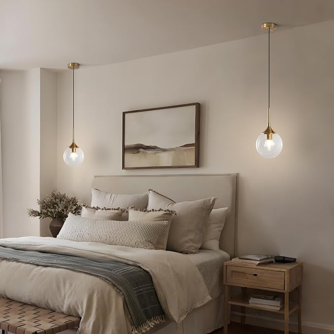 KCO Lighting Brass Gold Small 7.1” Clear Bubble Glass Globe Pendant Light | E26 Base, Sloped Ceiling, Mid Century Modern Adjustable Hanging Ceiling Lamp for Kitchen Island Sink Dining Table Bedroom Bar - Image 7