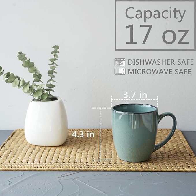 Bosmarlin Ceramic Coffee Mug Set of 4, 17 Oz, Coffee Cups with Big Handle, Microwave Safe, Unique Reactive Glaze (Lake Green, 17 Oz) - Image 2