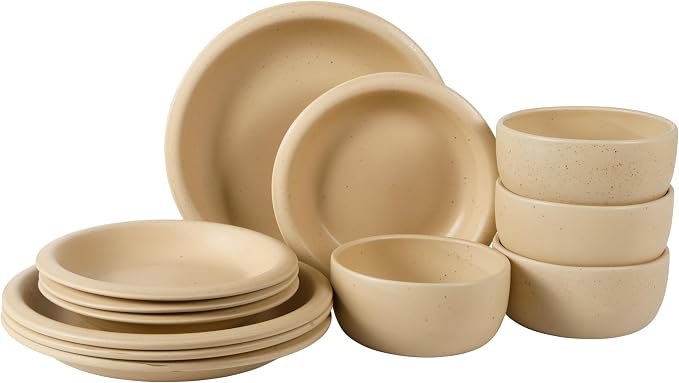 Bloomhouse - Two Time Oprah's Favorite Things Winner - Corsica Clay 12 Piece Stoneware Rustic Reactive Glaze Dinnerware Set - Stackable Plates Bowls Set. Service for 4 - Matte Finish Cappuccino Cream by Unknown