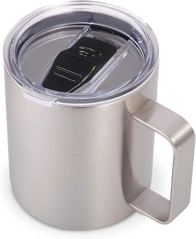 Volhoply 14oz Insulated Stainless Steel Coffee Mug with Leakproof Lid,Double Wall Vacuum Travel Coffee Cup with Handle,Reusable Metal Cups Tumbler,Camping Mugs Keep Hot,Ideal Gifts(Silver,1) by LiveFully%EF%BC%8CDrinkFreely%E2%80%94KeepGoingwithVolhoply%EF%BC%81