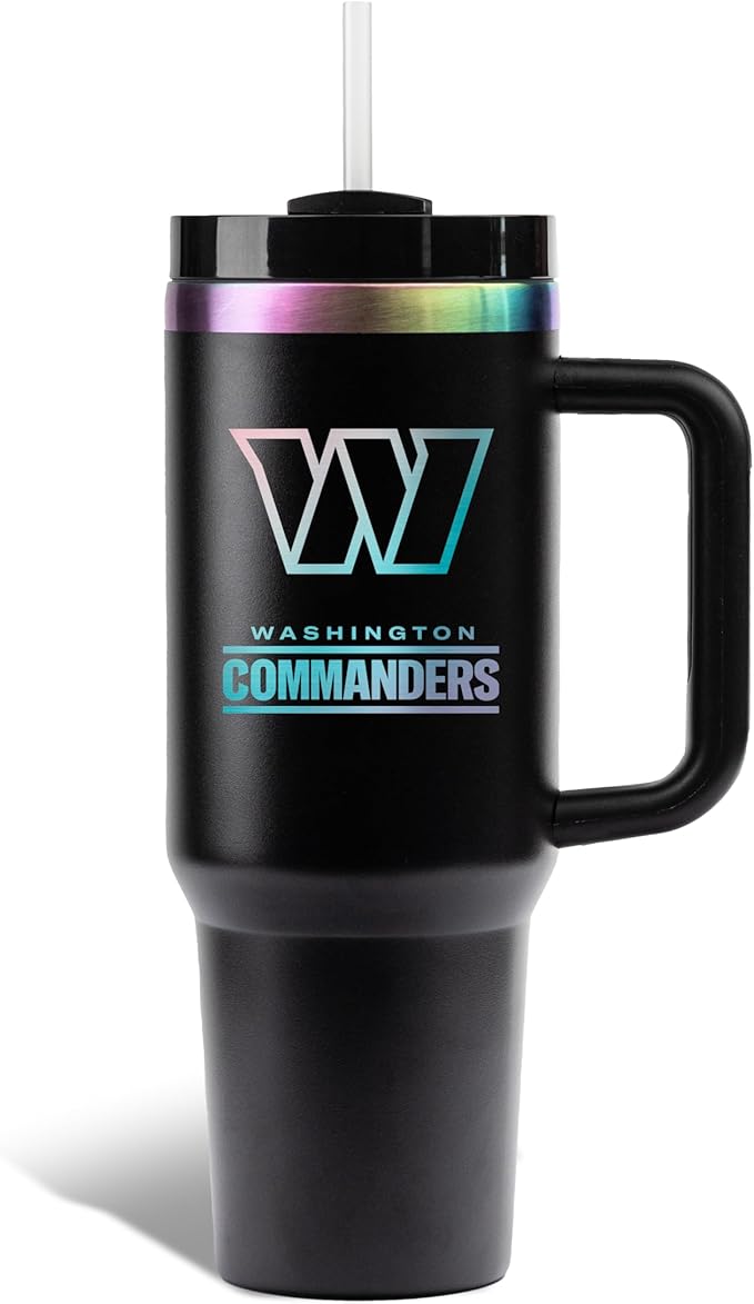 The Memory Company NFL 40oz Iridescent Tumbler - Double-Wall Vacuum Insulated Stainless Steel Water Bottle - Team Spirit Travel Cup with Handle, Lid and Straw, Hot and Cold Drink Container